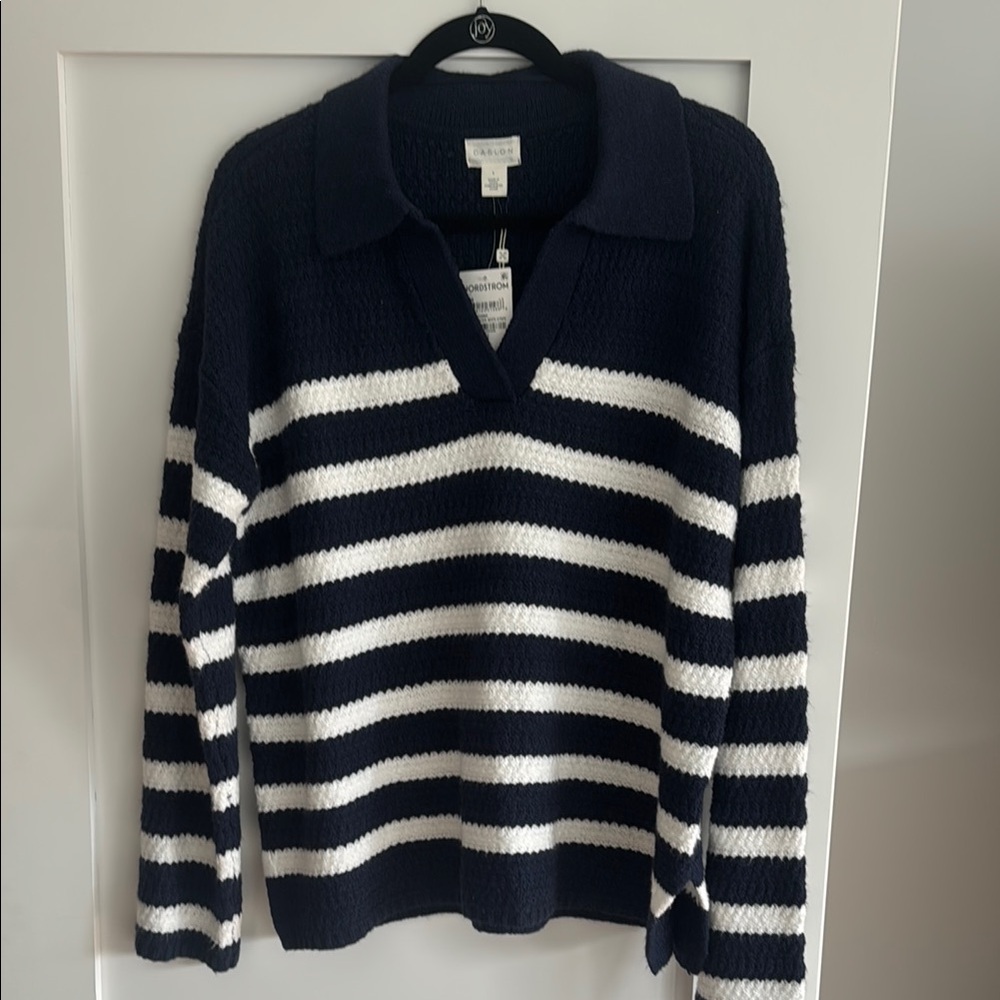 Caslon Blue and White V-Neck Sweater Nautical Stripes